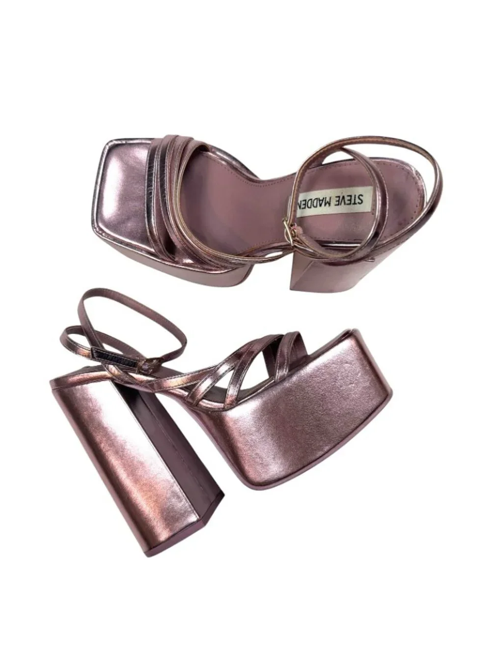 Steve Madden Thorne Platform Sandals Size 6 Metallic Pink Chunky Heel Square Toe